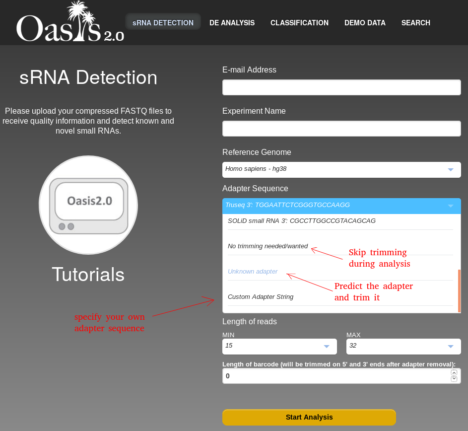 Oasis sRNA detection form with adapter choices expanded